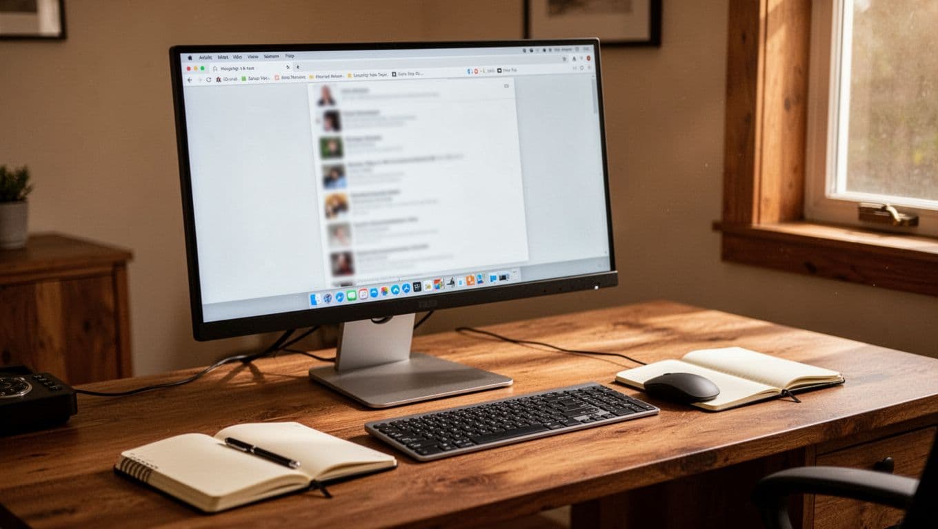 Photo-realistic cozy office desk with a single computer screen showing browser tabs for essential site pages like home, about, services, contact, pricing, and FAQ. Mouse, keyboard, and notepad nearby, soft lighting, no people, no readable text, no extra devices.
