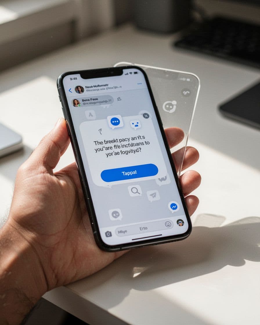Realistic close-up of a smartphone screen held in hand at a desk, displaying a social media post asking 'What do you think?' for feedback on a new website, featuring a question prompt, link button, notification icons, and share buttons under soft lighting.