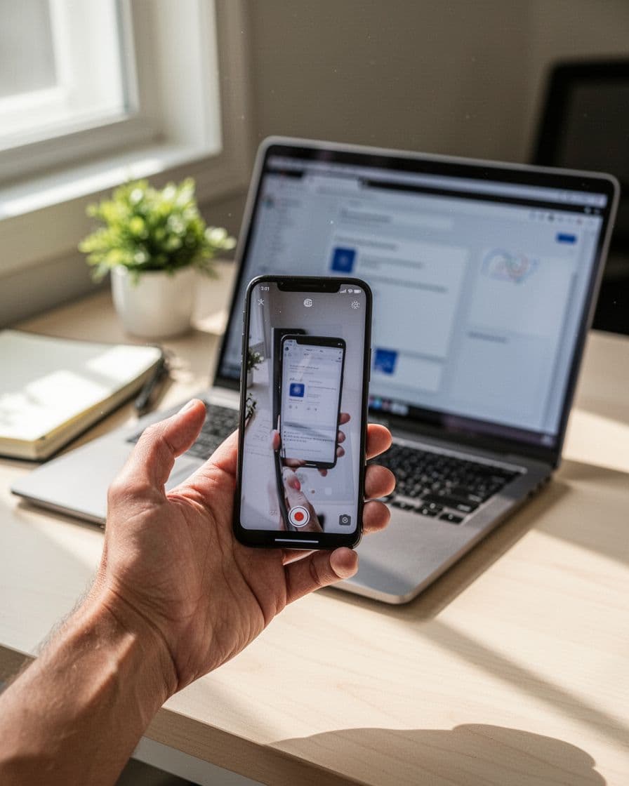 A person's hand casually holds a phone vertically to record a short video walkthrough of a laptop screen displaying indistinct website features like a service page, in a bright home office with blurred notebook and plant.