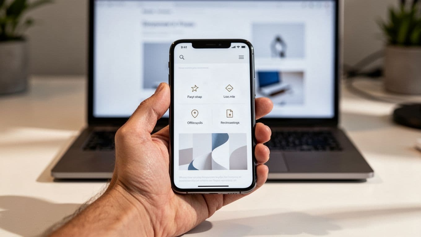 Close-up realistic image of a hand holding a smartphone filming a screen recording of a website homepage tour using built-in screen capture tool, with blurred laptop on desk in background and soft office lighting.