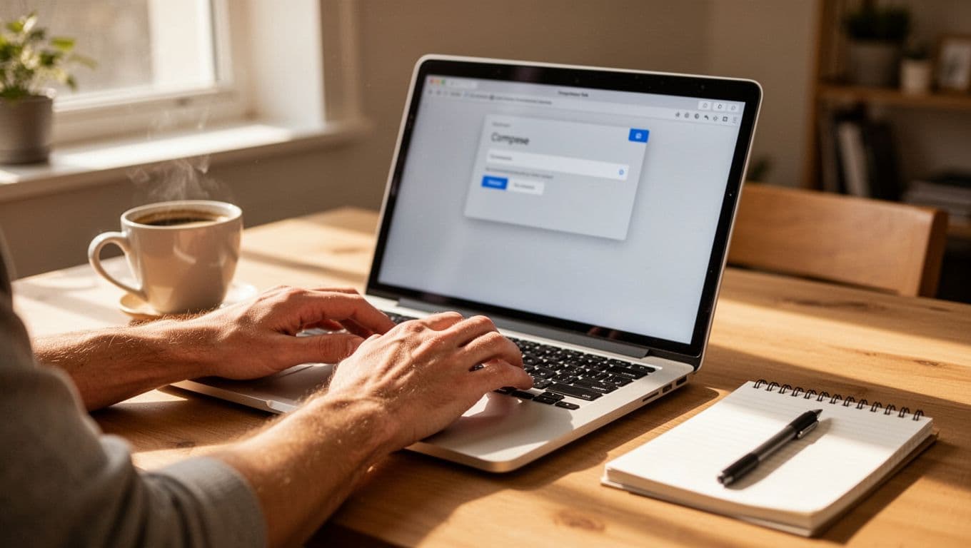 Realistic angled photo of relaxed hands typing a personal email on a laptop keyboard in a bright home office, with blurred compose screen, coffee cup, and notepad nearby under warm natural light.