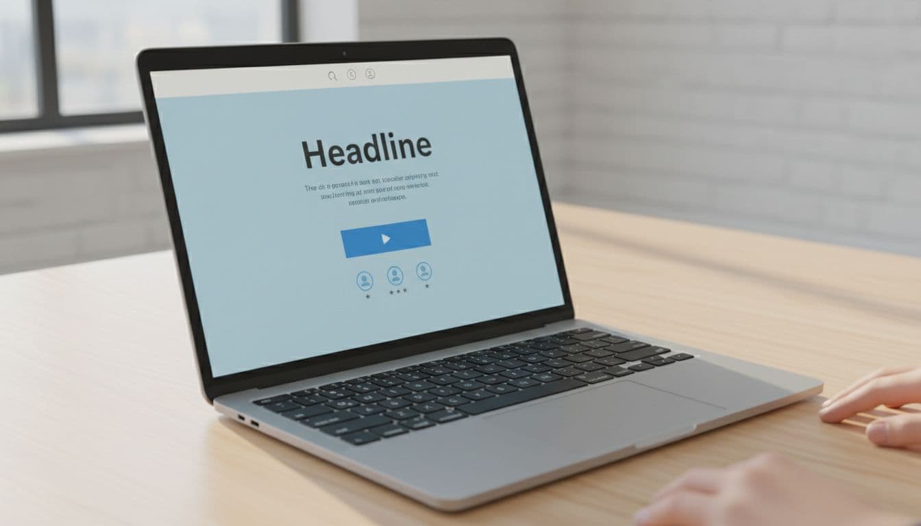 A modern laptop on a desk displays a clean homepage design with bold central headline, minimal navigation, prominent CTA button, and small testimonials. Natural office lighting, angled realistic photo view with blurred screen content and no visible people.