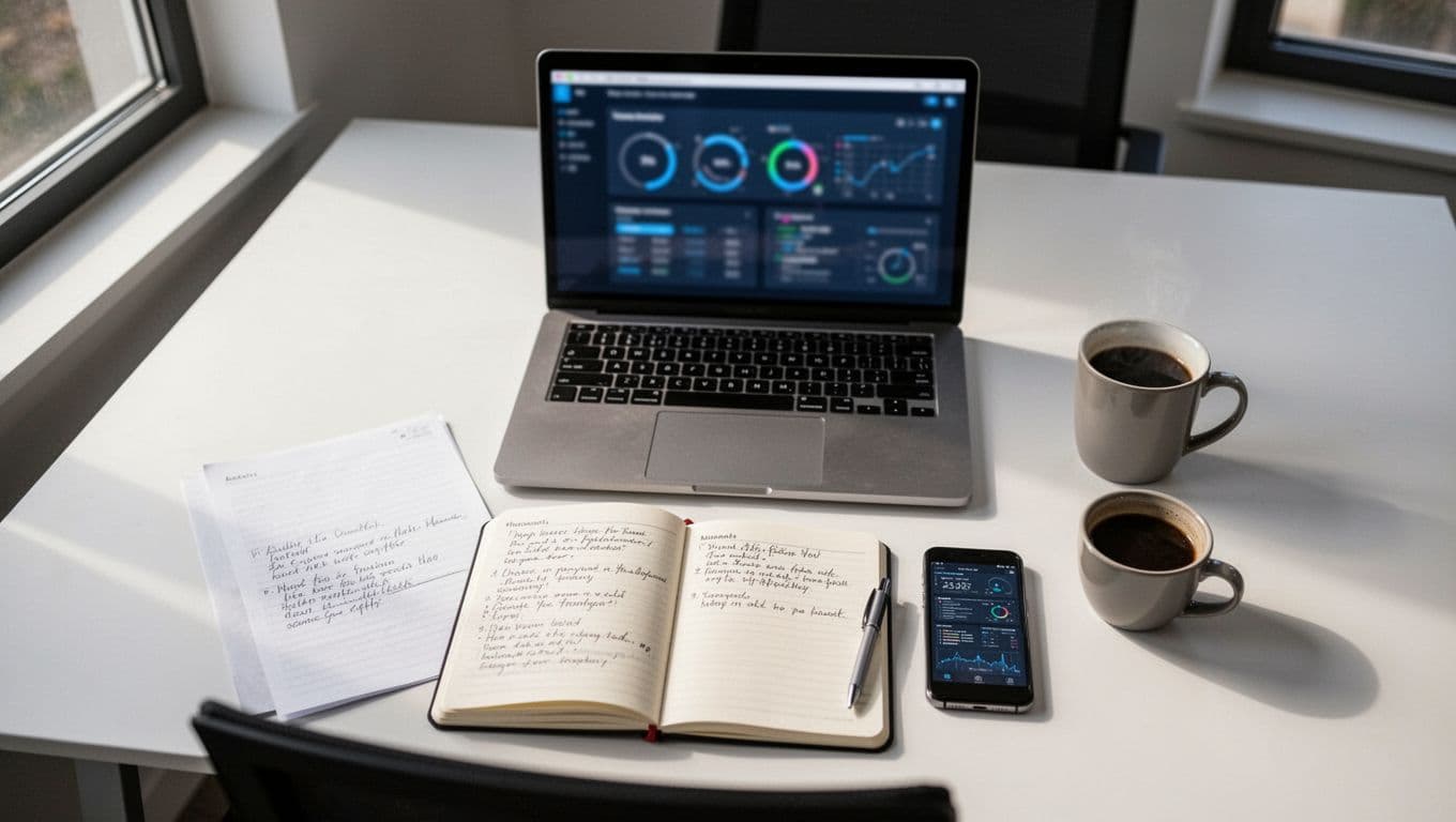 Realistic top-down photo of a clean modern office desk with laptop open to blurred CRM contacts dashboard, notebook listing clients, phone, pen, and coffee mug under soft natural light.