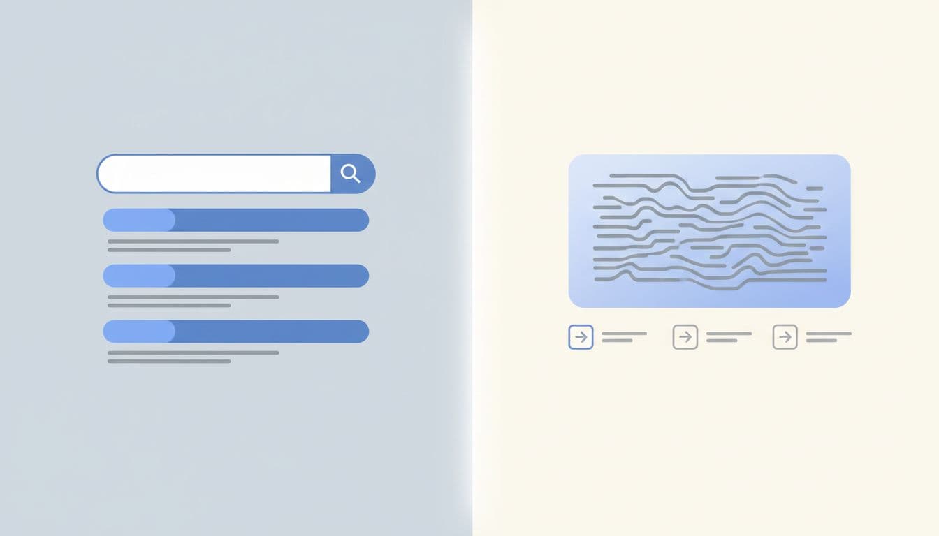 Side-by-side digital illustration comparing a traditional search engine results page with blue links and snippets to an AI generative search interface with a synthesized paragraph answer and source citations, in clean flat design style.