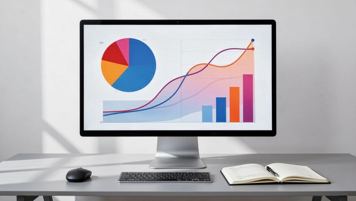 Clean computer screen displaying a simple analytics dashboard with traffic source pie chart, line graph for visits, and bar chart for conversions on a modern desk with mouse and notebook in bright professional lighting.