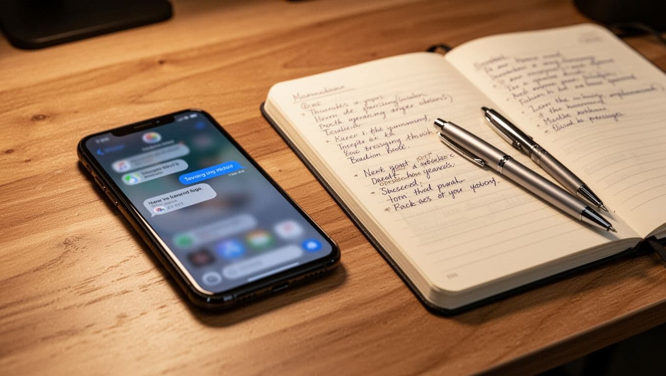 Realistic photo of a smartphone on a wooden desk displaying a blurred messaging app conversation, next to a notebook with partner names and website URL scribbled, pen nearby, warm office lighting, exactly one phone, no extra devices.
