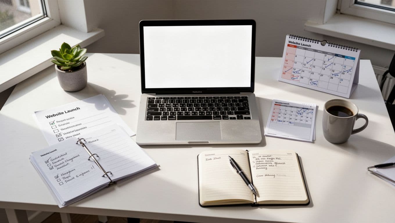Top-down realistic photo of an organized office desk with checklist paper, laptop showing blank site preview, notebook with pen, marked calendar, and coffee mug under bright natural window light.