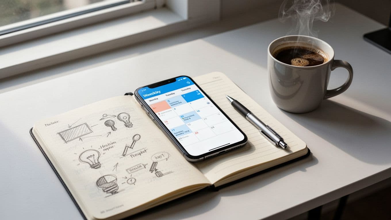 Realistic top-down angled photo of a clean professional modern desk with a smartphone displaying a social media calendar app open to a week-long website launch content plan, notebook with sketched post ideas, pen, coffee mug, and natural window light; no people, exactly one phone, no readable text.
