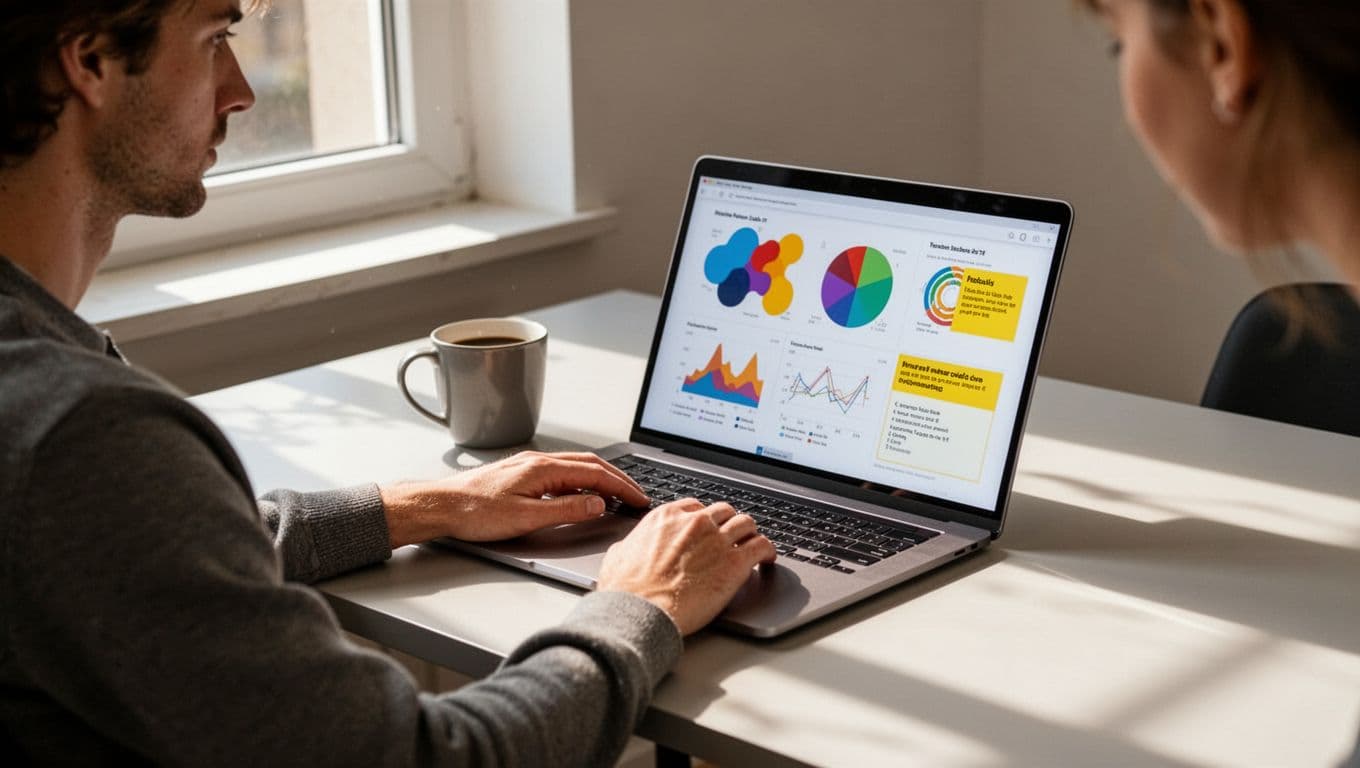 Laptop on sunlit desk shows charts of page impressions, clicks, and top schema pages; one person with hands on keyboard, coffee mug nearby.