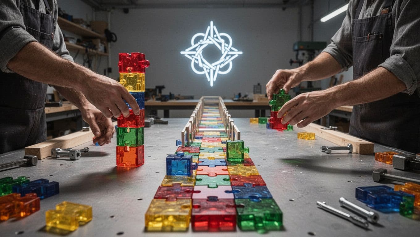 Builder places colorful transparent schema blocks forming a bridge to distant glowing search visibility icon on workshop table.