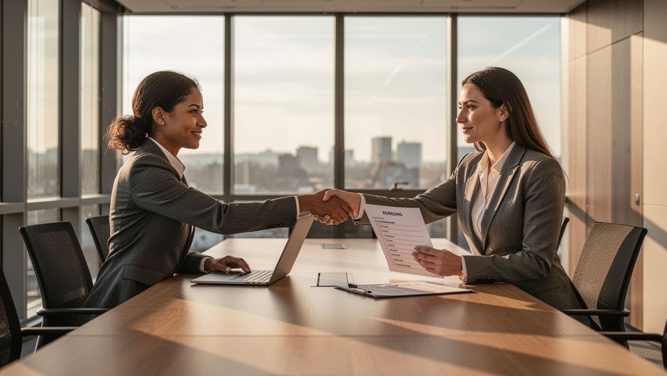 Casual business owner shakes hands with professional web consultant over table with laptop and checklist in modern conference room.