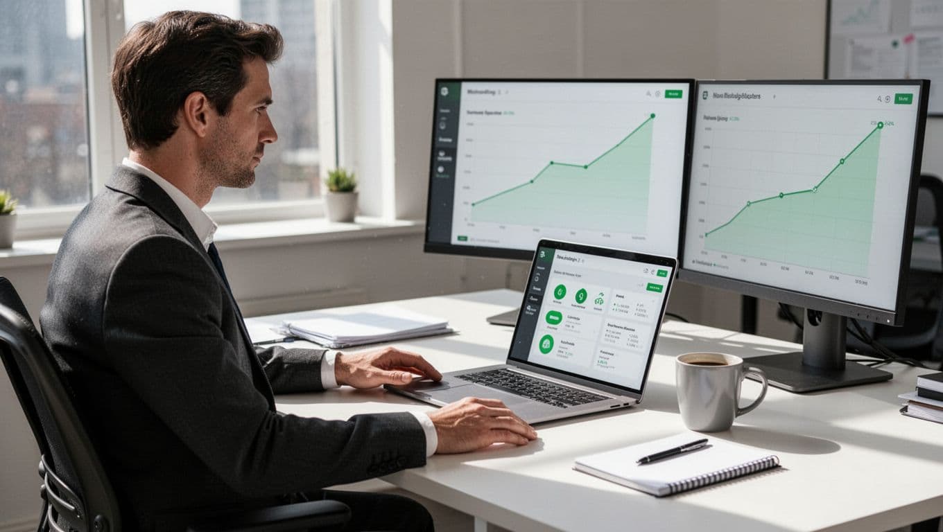 Business owner sits at desk with laptop showing website maintenance dashboard and rising sales graph on second screen.