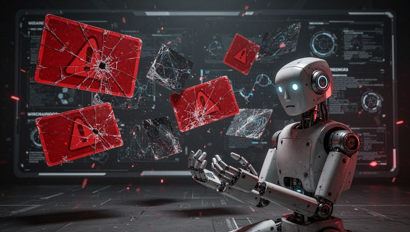 Cracked red warning signs and falling JSON-LD code fragments on webpage background with confused foreground robot.