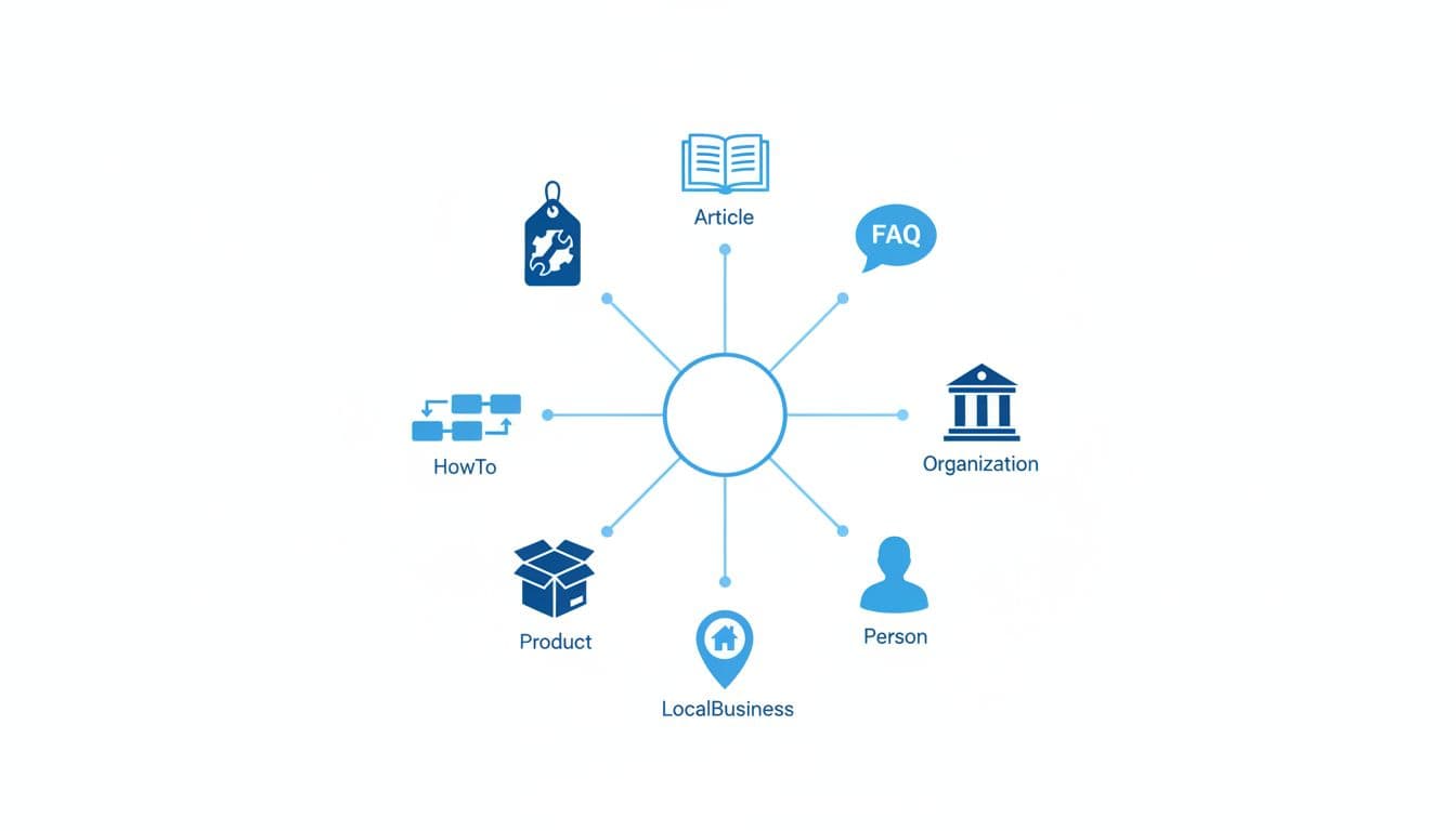 Eight blue icons for schema types connected by lines to a central hub on white background.