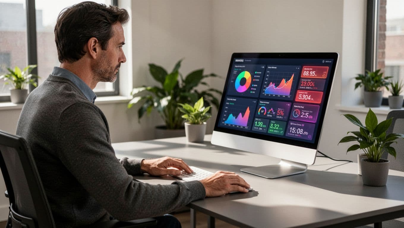 Person at modern desk views angled laptop screen showing Google Search Console dashboard with highlighted Enhancements and Performance reports displaying impressions and clicks data in clean office with plants.
