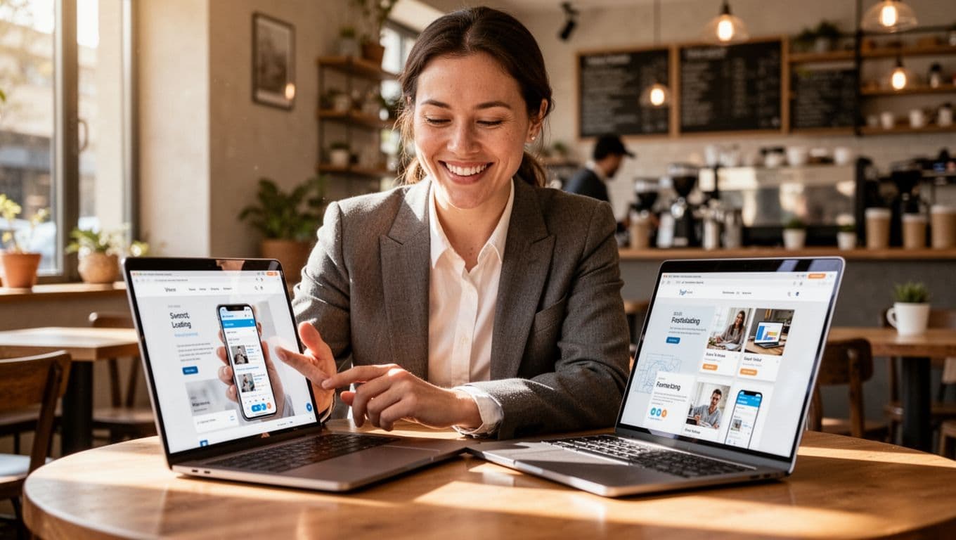 Smiling business owner browses responsive website on smartphone and laptop side by side in bright cafe.