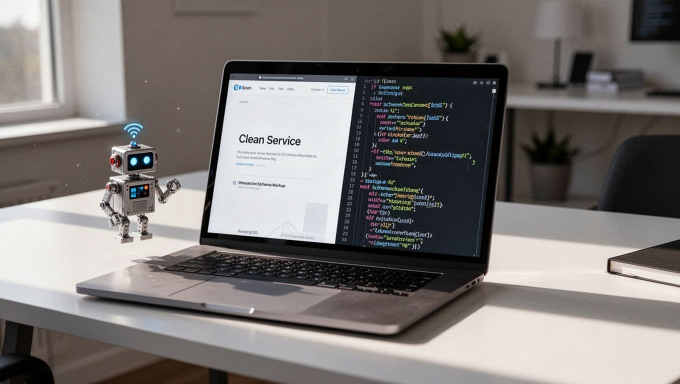 Angled laptop on desk shows split screen: left service page, right JSON-LD code, confused bot icon nearby.