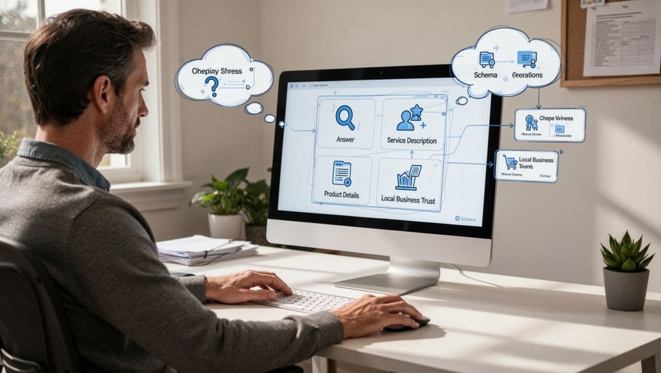Person at home office desk reviews page wireframe with icons and thought bubble to schema options.