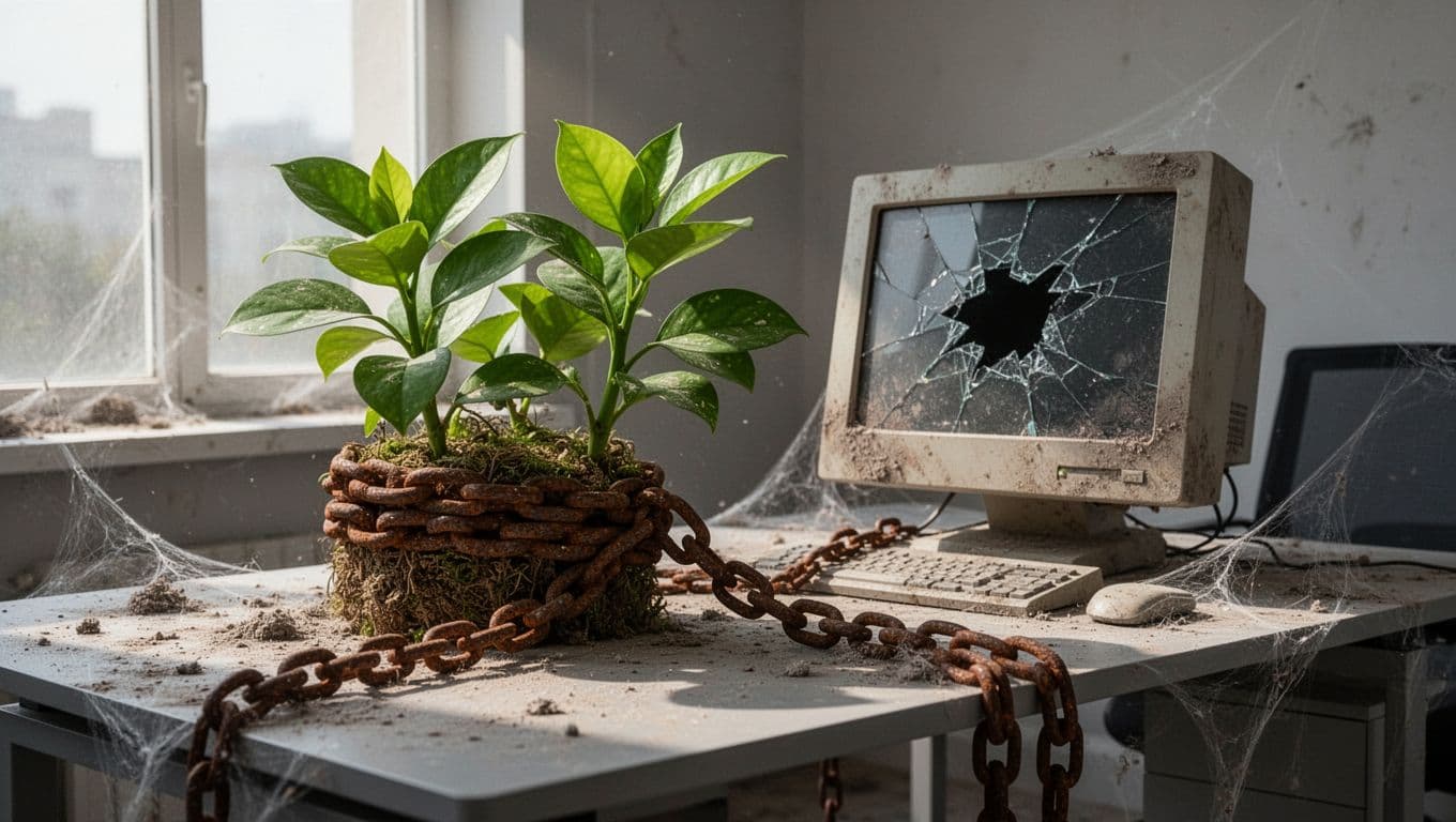 Green plant wrapped in rusty chains connected to dusty computer showing website error pages on cobweb-covered desk.