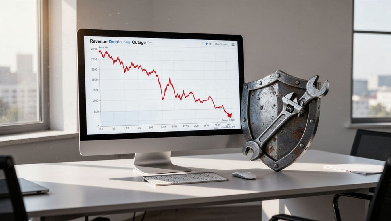Computer monitor on office desk shows sharply falling revenue graph during website outage, next to shield icon of wrench blocking warning.