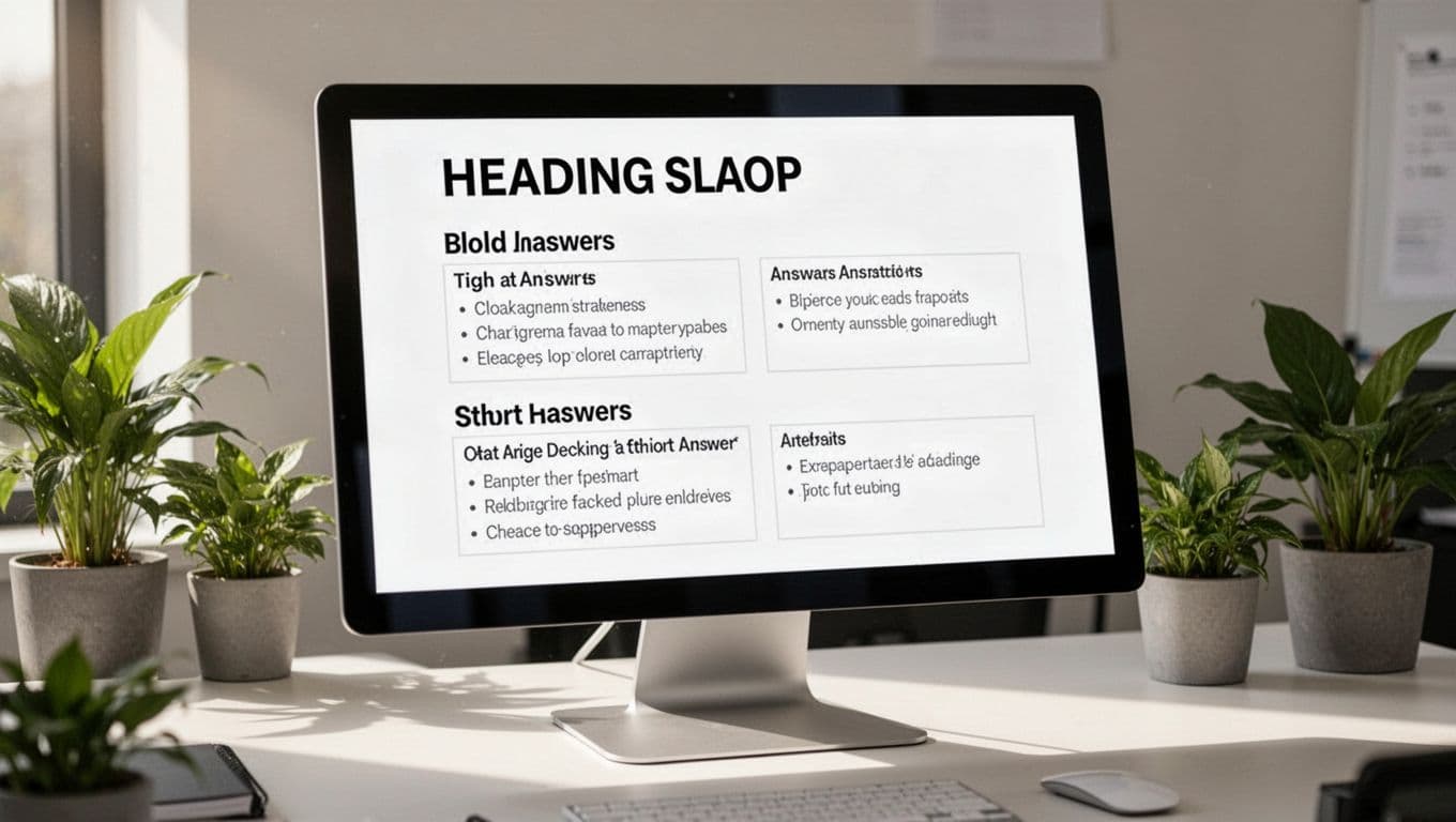 Desktop monitor at slight angle displays webpage with hierarchical headings and short paragraphs amid white space in modern workspace with plants.