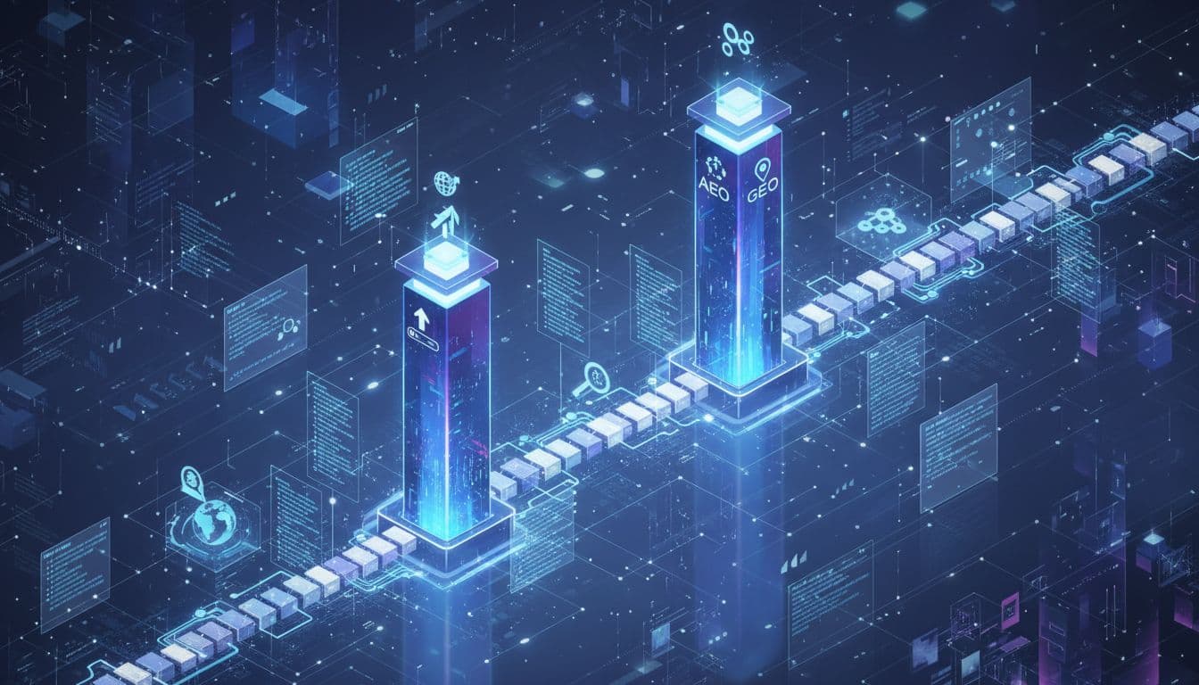 Glowing JSON-LD schema blocks form sturdy spine supporting AEO and GEO pillars amid data flows.