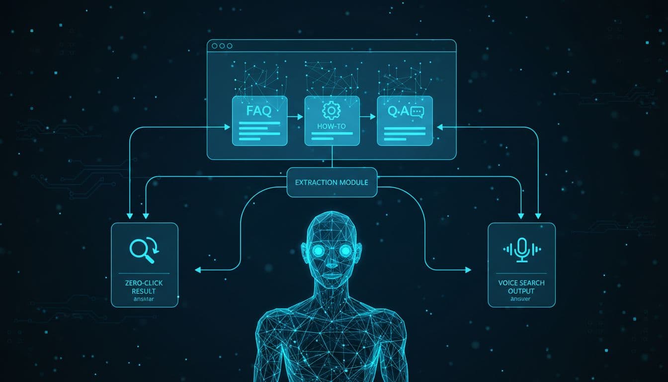 Single bot scans webpage with highlighted FAQPage, HowTo, and Q&A schema sections in blue-toned flowchart, extracting answers for search outputs.