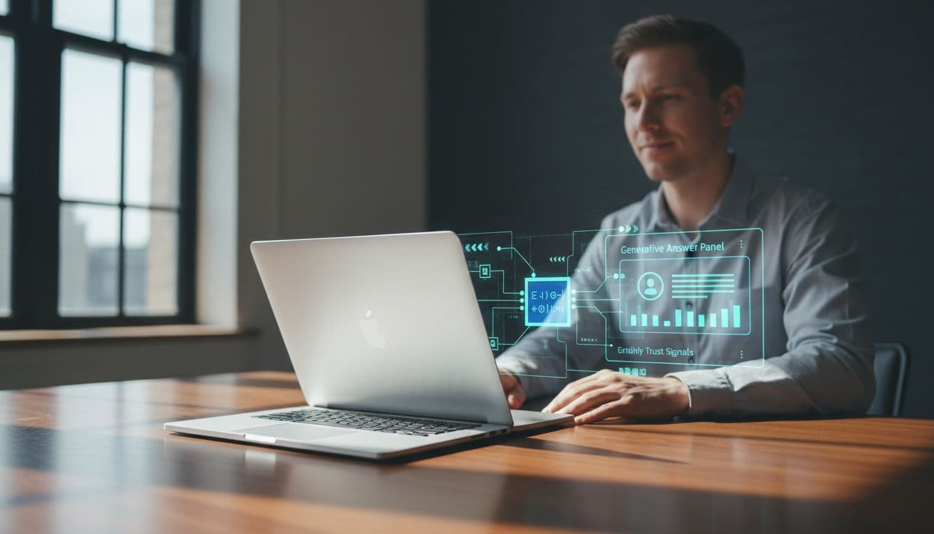 Person in sunlit workspace reviews angled laptop screen showing schema markup verification and citation generation.