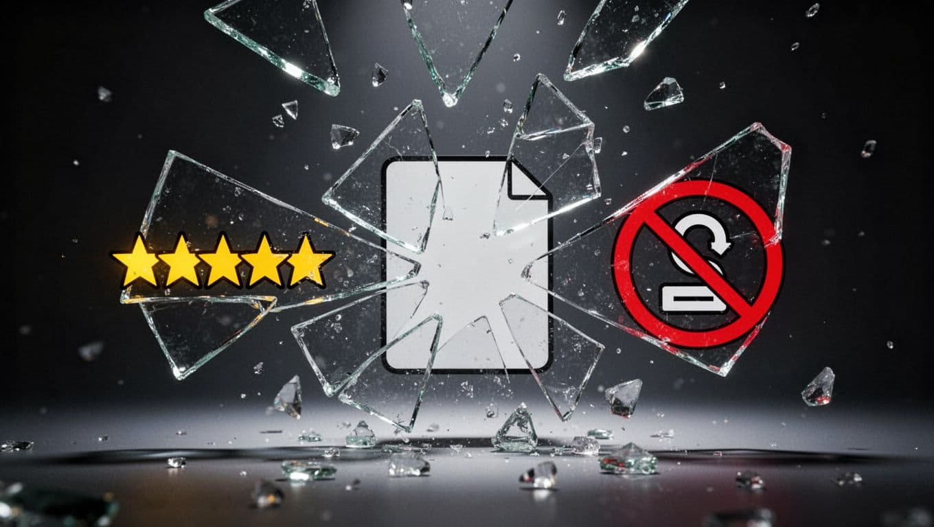 Shattered glass covers fake five-star ratings, incomplete business cards, red warning flags, and crossed-out claims icons on dark gradient background.