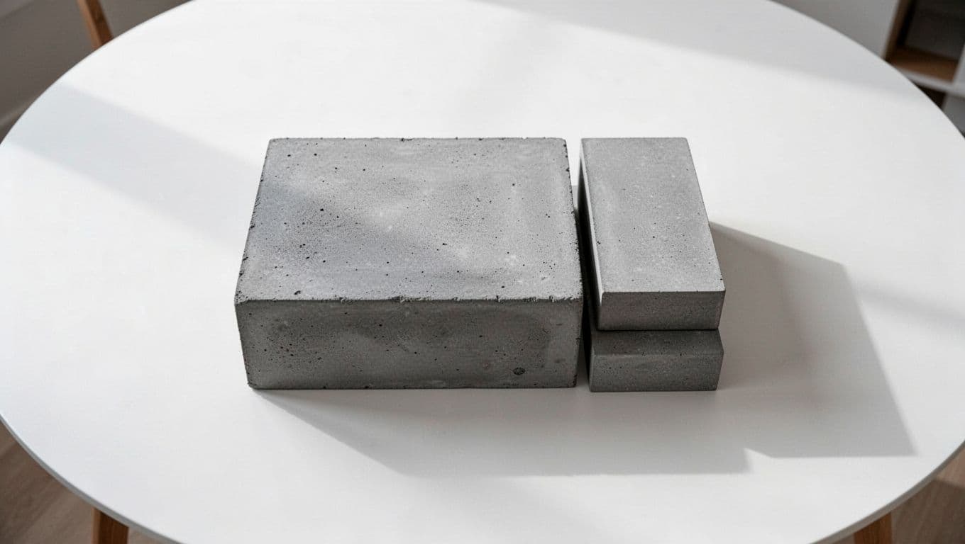 Large main schema block towers stably with two small supporting blocks aligned beside it on white table.