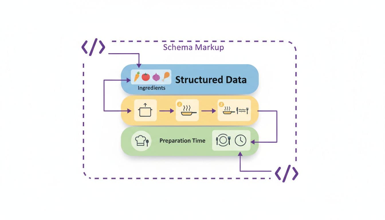 Diagram shows organized recipe-like data blocks surrounded by code tags with arrows linking to elements.
