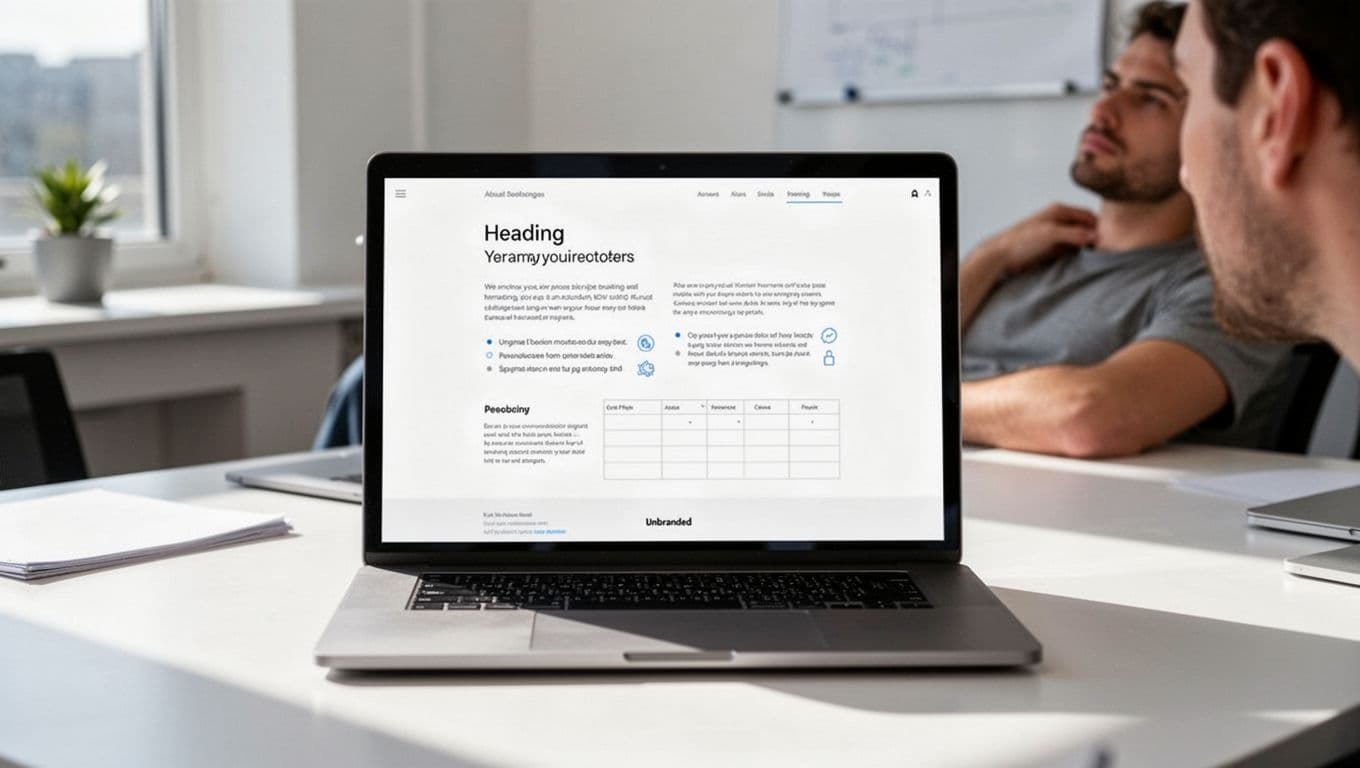 Laptop screen shows clean webpage with headings, paragraphs, bullets, table, footer in bright office; person in background.