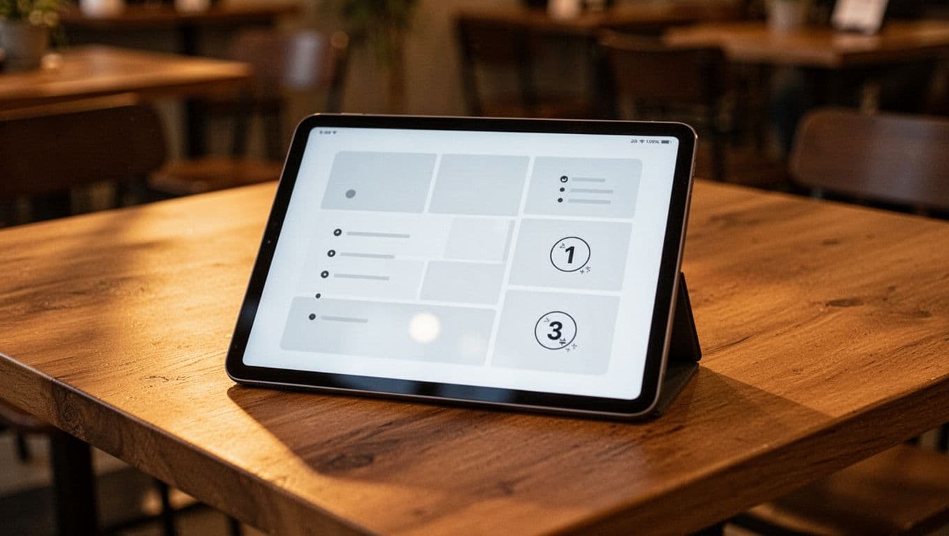 Tablet on wooden desk shows webpage with comparison table, bullet list, and numbered steps.