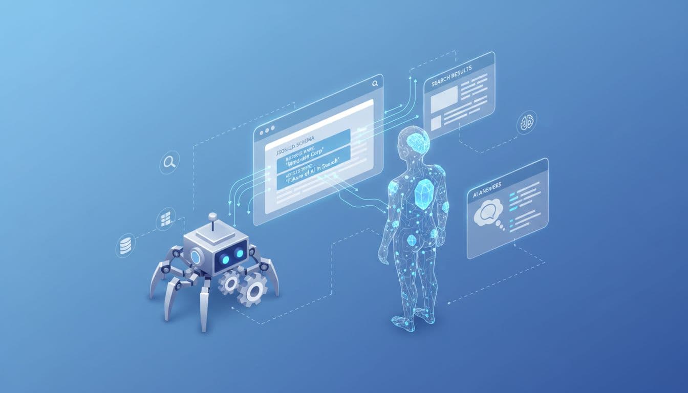 Flowchart shows crawler bot and AI agent scanning webpage, extracting JSON-LD blocks for business name and article topic, arrows to search results and AI panels.