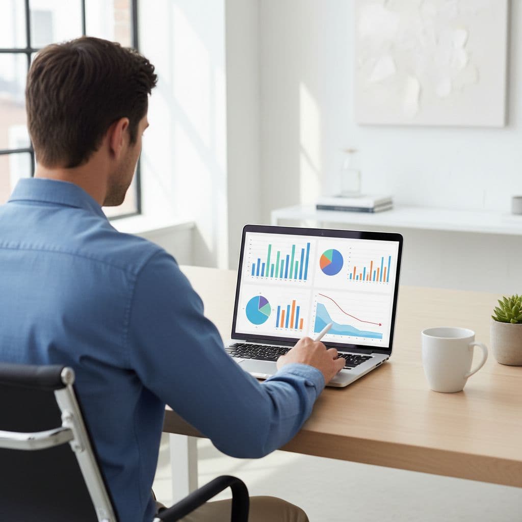 A focused individual examines intricate data visualizations and vibrant charts on a sleek laptop screen within a bright, minimalist office space. Soft natural sunlight illuminates the clean desk and professional environment.