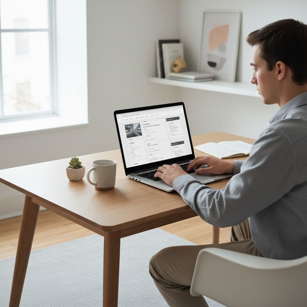 A focused entrepreneur sits at a minimalist wooden desk, typing on a laptop to update website content. Soft natural sunlight illuminates the professional workspace, highlighting the clean and organized office environment.