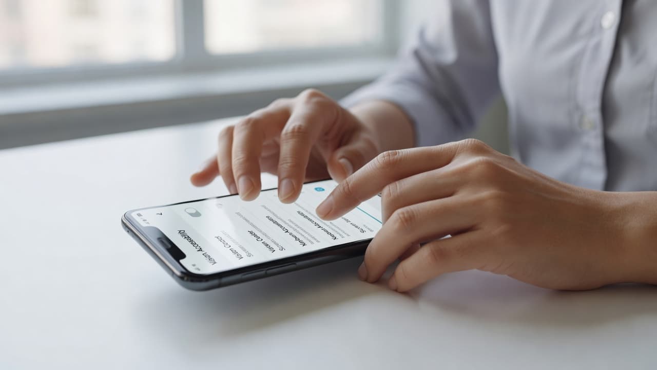 A pair of hands holds a smartphone while navigating through an accessibility menu on the screen. The scene is bathed in soft, bright natural office light, emphasizing a clean and professional workspace.
