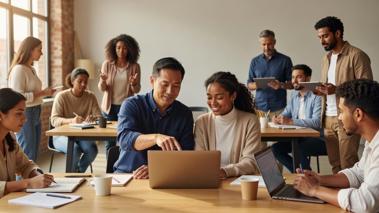 Two diverse professionals sit at a desk in a sunlit studio, reviewing project ideas on a laptop screen. One person gestures toward the monitor while the other listens with a smile.