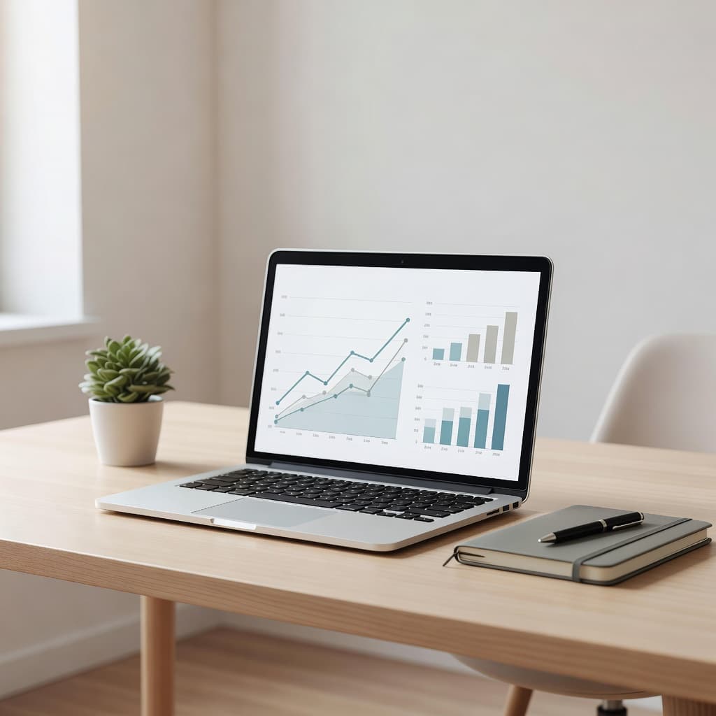 A sleek silver laptop sits open on a minimalist desk, displaying vibrant charts and growth trend lines. Soft morning sunlight illuminates the workspace, highlighting the clean, organized professional environment.