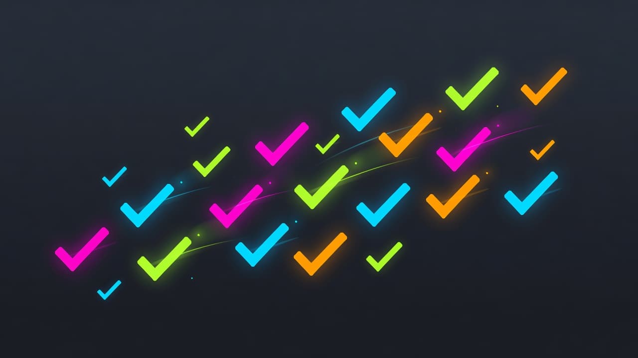 Vibrant neon checkmarks float against a clean dark background, symbolizing completed user goals and successful conversions. The stylized graphic uses glowing geometric lines to represent high-level analytical event data.