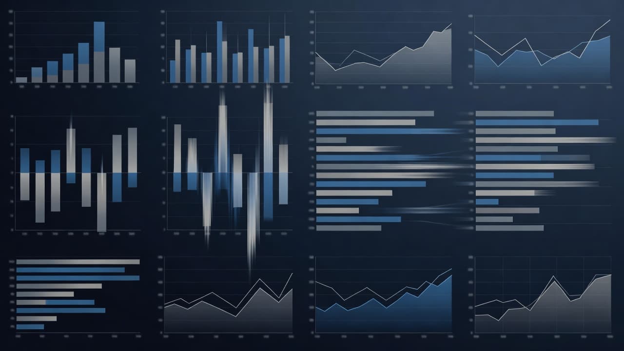 A close-up view displays colorful glowing data bars shifting positions on a dark screen. Soft ambient lighting illuminates the geometric shapes, representing fluctuating metrics within a professional digital interface system.