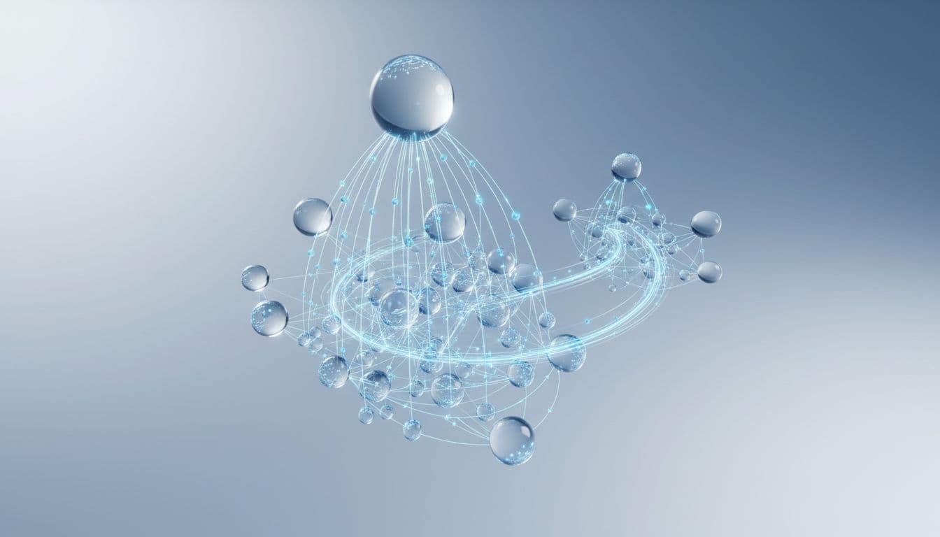 Interconnected glowing nodes and thin geometric lines form a complex web across a soft gray background. This abstract arrangement illustrates logical data hierarchy and the layered framework of modern web architecture.