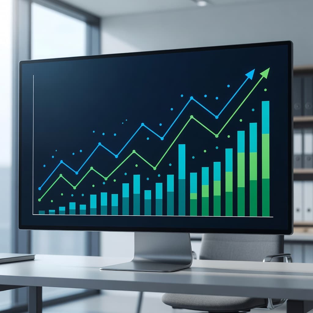 A sleek computer monitor displays glowing growth charts and abstract data visualizations within a bright professional office. Soft natural light illuminates the clean workspace, highlighting the vibrant graphical progress trends onscreen.