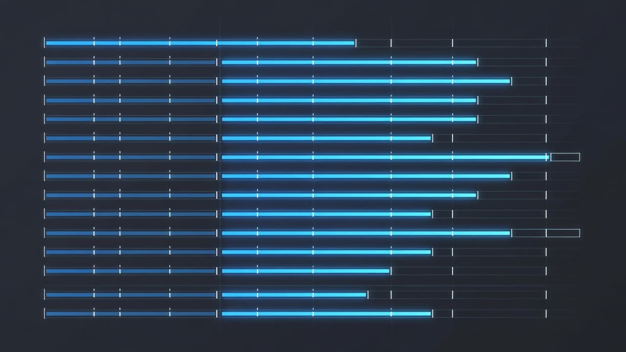 A sleek digital dashboard features multiple glowing progress bars advancing steadily across a dark background. These illuminated metrics represent real-time data accumulation and automated optimization cycles for modern online advertising platforms.