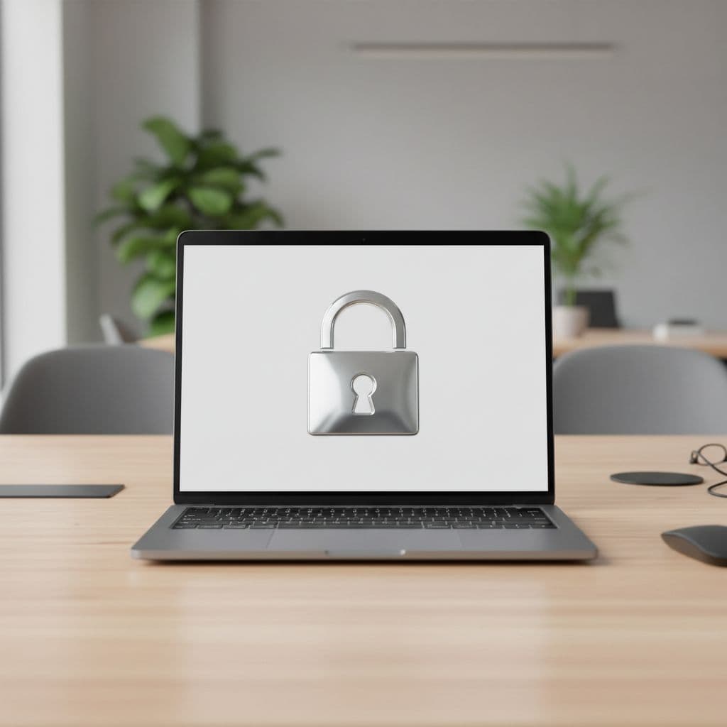 A translucent blue digital lock symbol hovers above the surface of a sleek laptop. The wooden workspace appears professional and uncluttered, emphasizing data protection measures and secure form submission protocols.