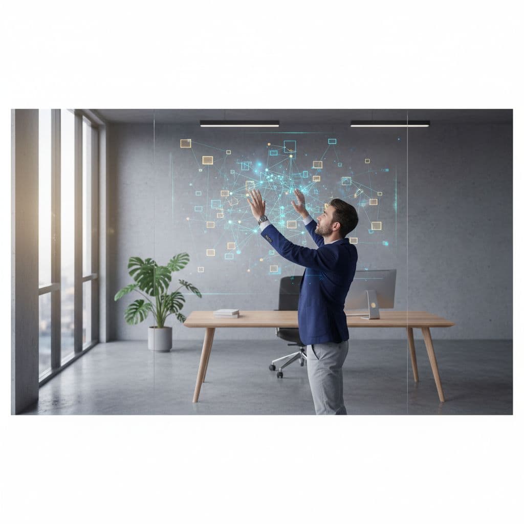 A focused individual in a minimalist office adjusts sticky notes on a large digital strategy board. The soft morning sunlight illuminates the clean, modern workspace, highlighting the evolving planning process.