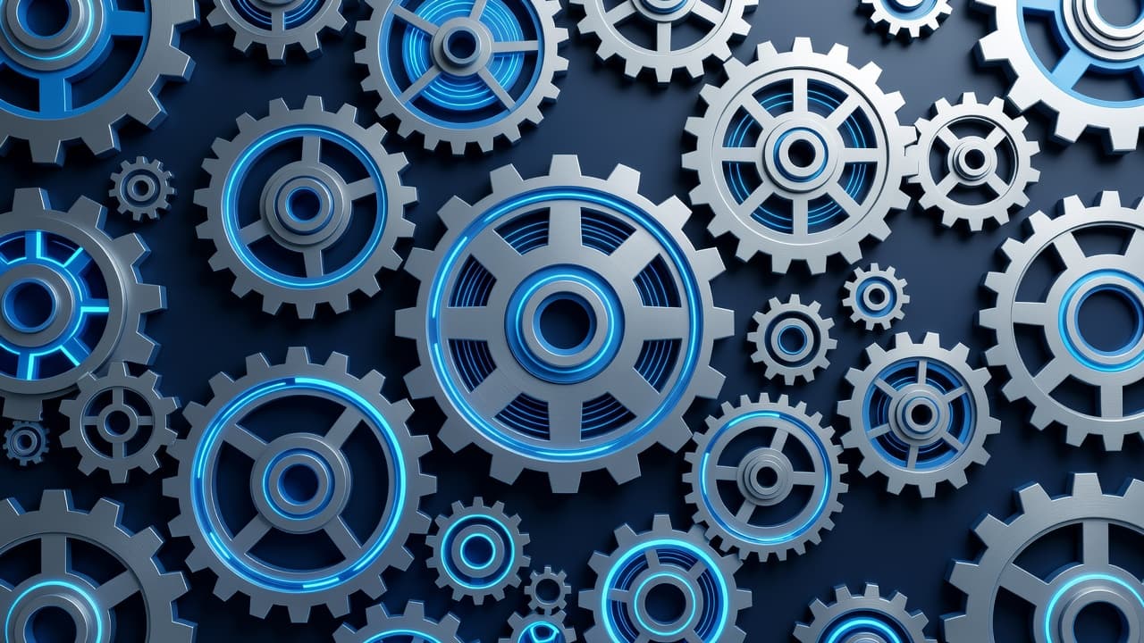Interlocking metallic gears rotate in a circular formation against a deep navy background. Soft blue light emanates from the mechanical gaps, symbolizing active data processing and refined technological performance for users.