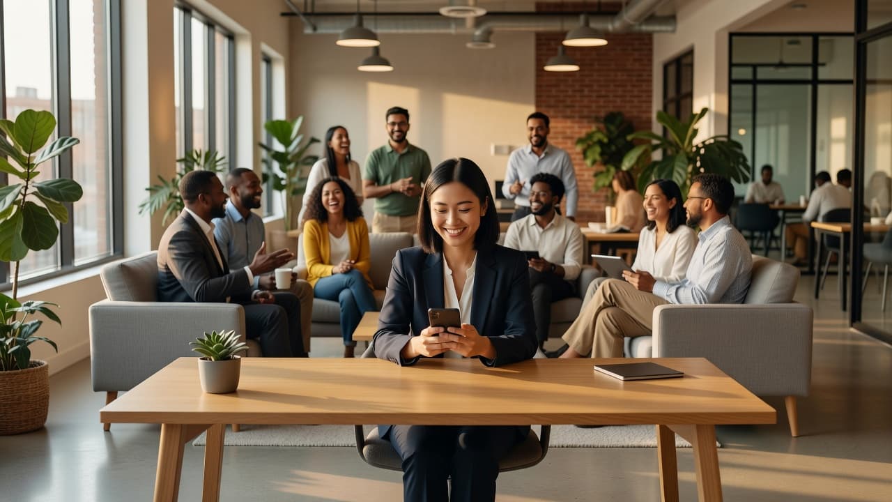 A diverse group of professionals interacts in a sunlit office space. In the foreground, a smiling individual views a smartphone, while colleagues discuss projects in the blurred background under warm light.