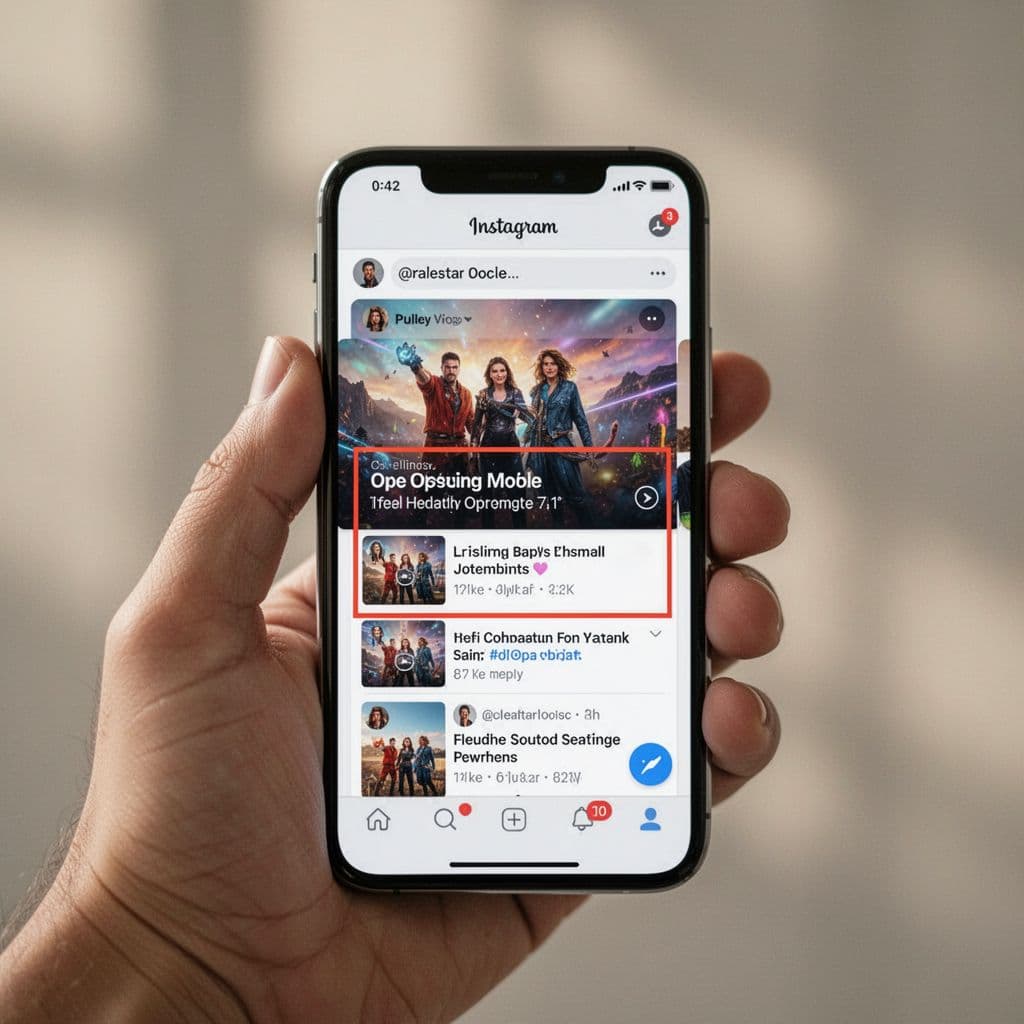 A person holds a smartphone displaying a compelling social media post with prominent text. The focus remains sharp on the digital display, while the surrounding environment fades into a soft bokeh.
