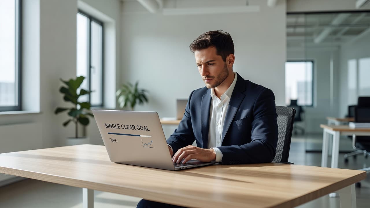 A professional sits at a sleek white desk bathed in soft daylight while intently viewing a laptop screen. They work alone in a minimalist office space designed for deep concentration.